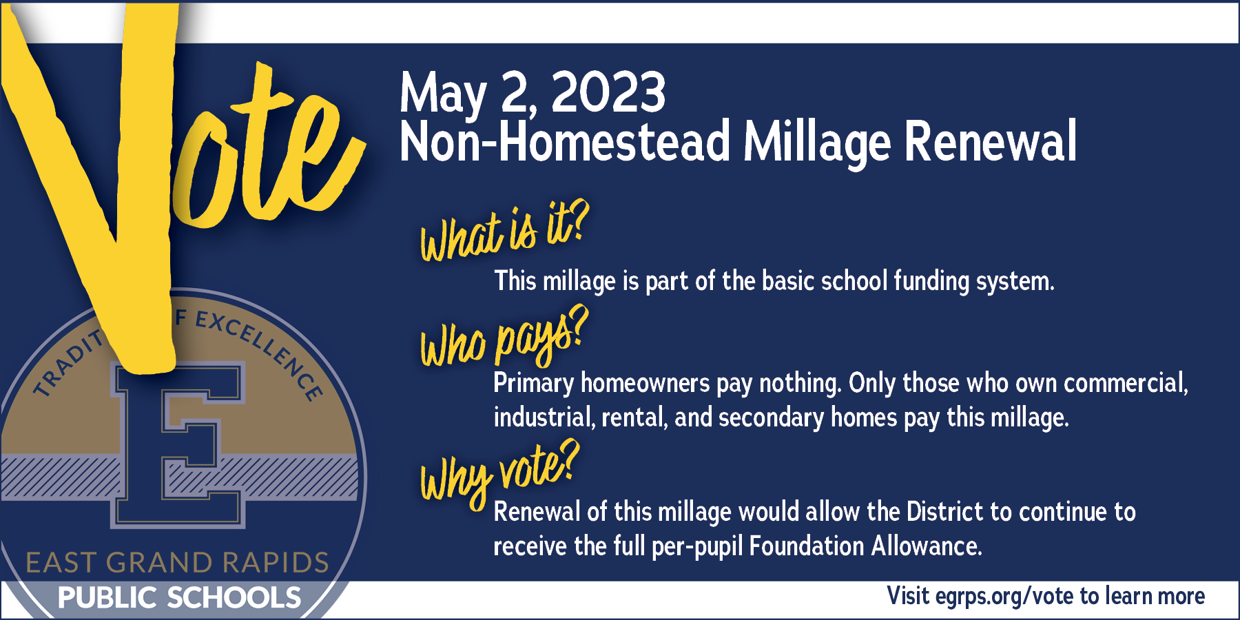 May 2, 2023 Non-Homestead Millage Renewal - What is it? This millage is part of the basic school funding system. Who pays? Primary homeowners pay nothing. Only those who own commercial, industrial, rental, and secondary homes pay this millage. Why vote? Renewal of this millage would allow the District to continue to receive the full per-pupil Foundation Allowance.